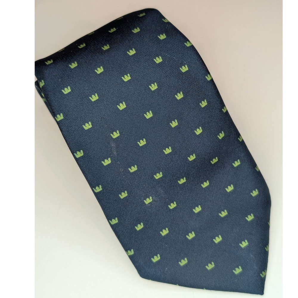 Navy Blue Silk Blend Tie with Lime Green Crown Pattern 3.25 Inch Width